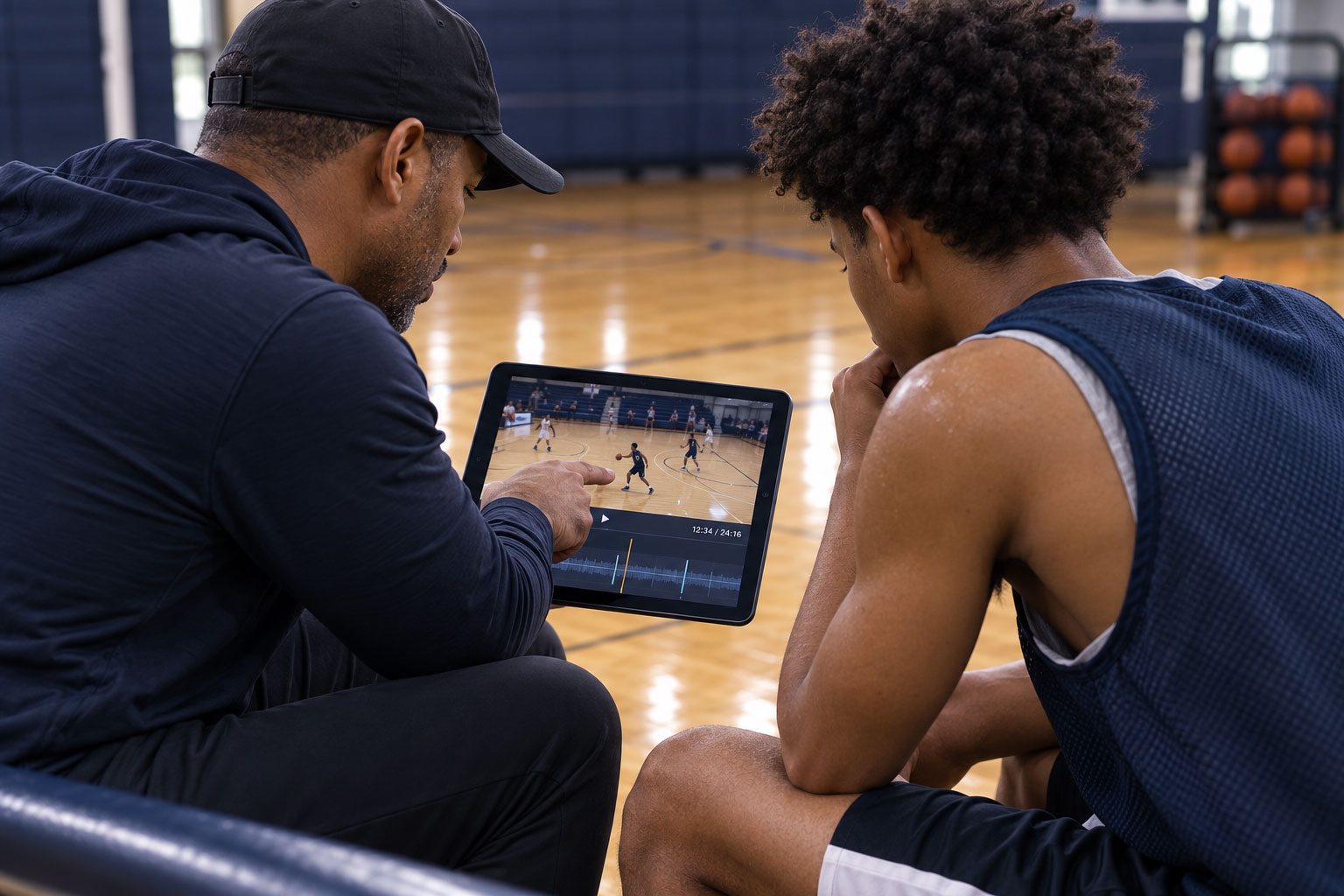 A coach and player reviewing paused game film together on a tablet