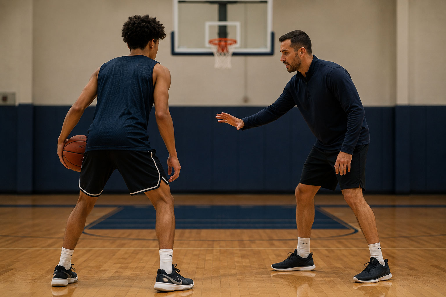 A coach working one-on-one with a single player during an individual skill session