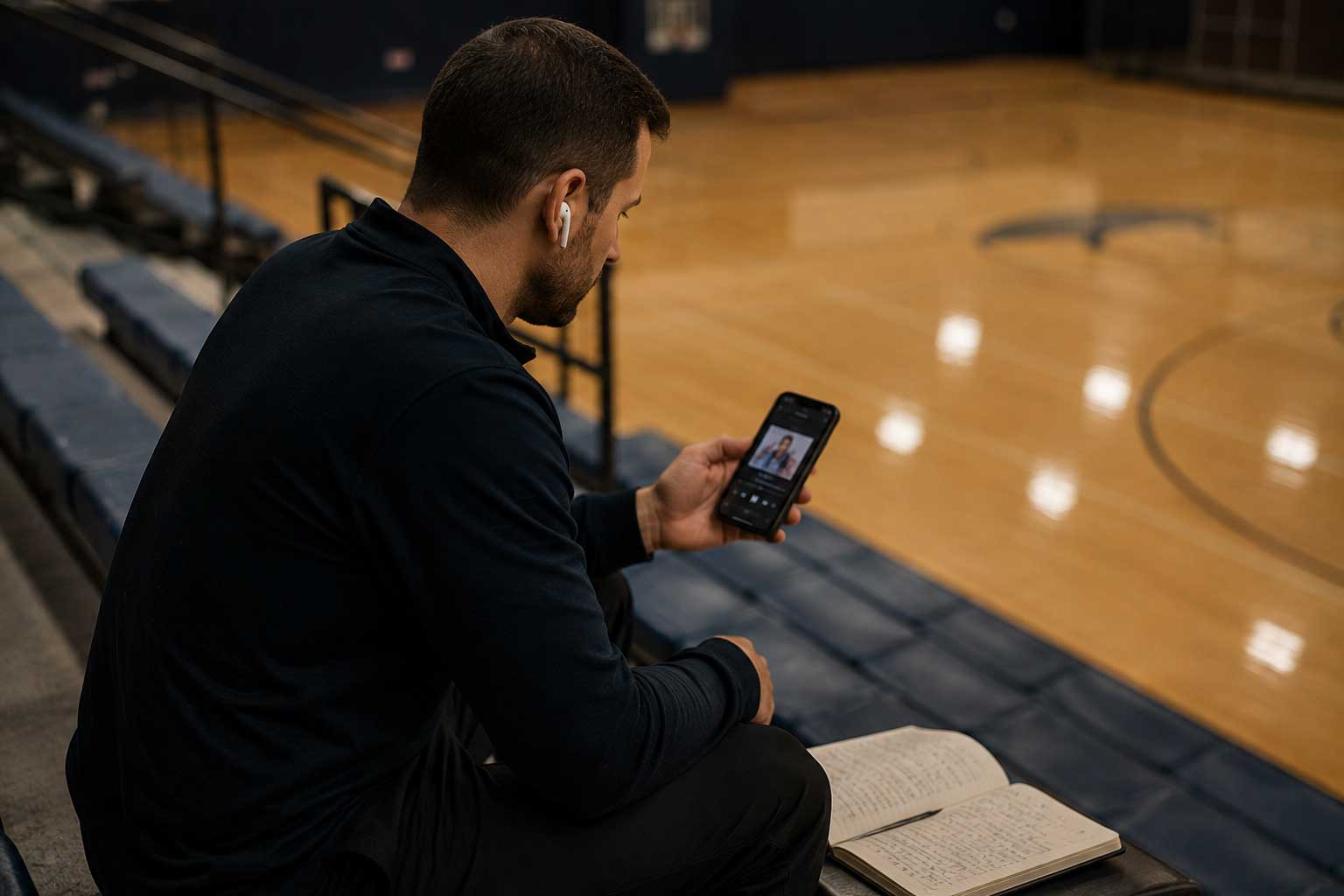 A basketball coach listening to a podcast on headphones while reviewing handwritten notes courtside.