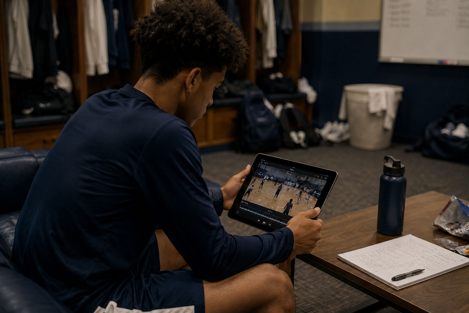 A player watching game film on a tablet alone during a calm, routine review session