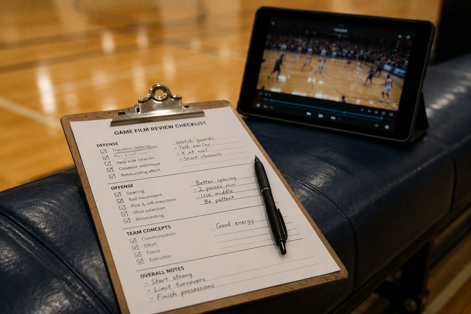 A printed film-review checklist on a clipboard with a pen, a tablet paused on game film blurred in the background