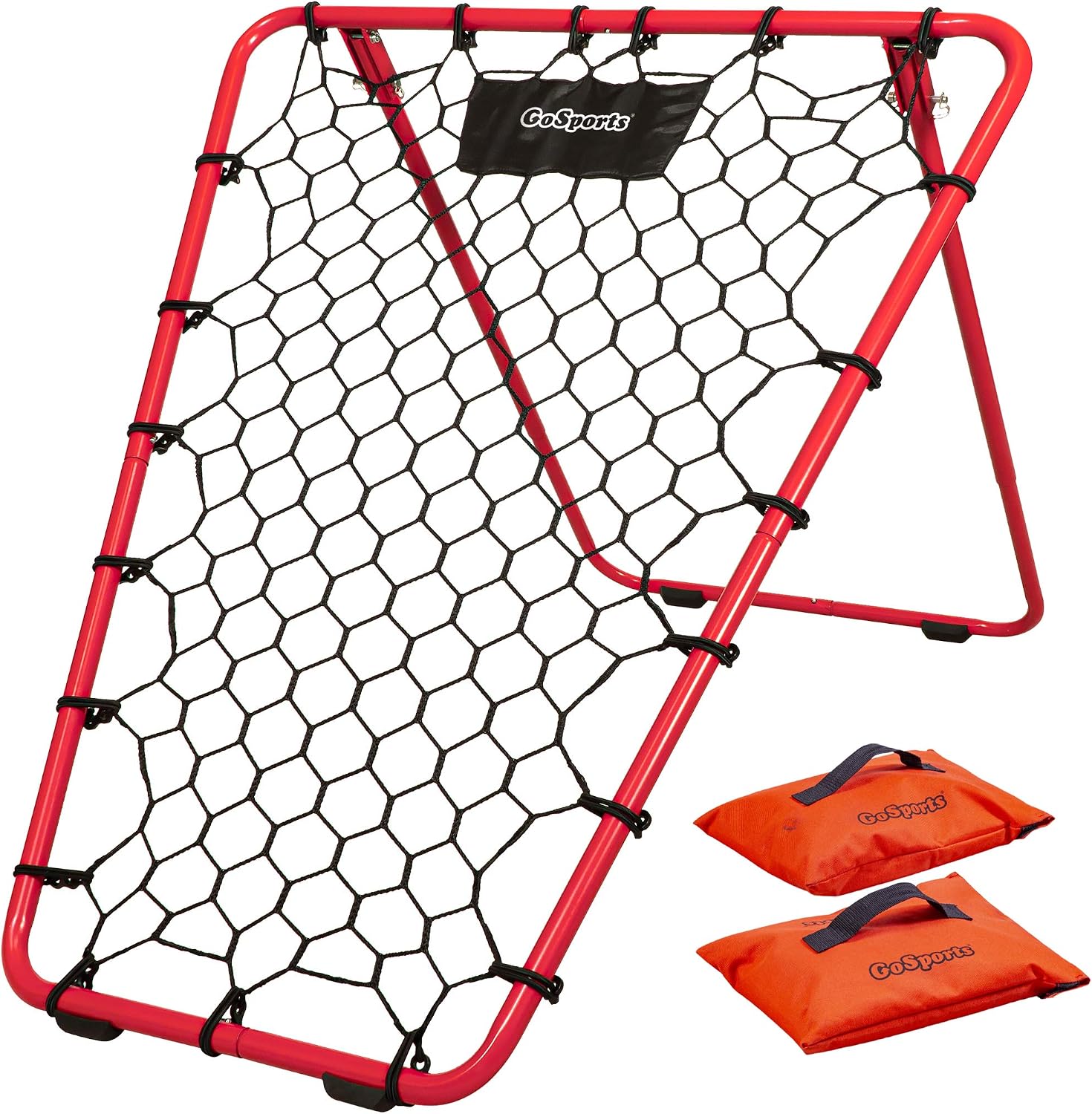 GoSports adjustable basketball rebounder with sandbag-stabilized freestanding frame.