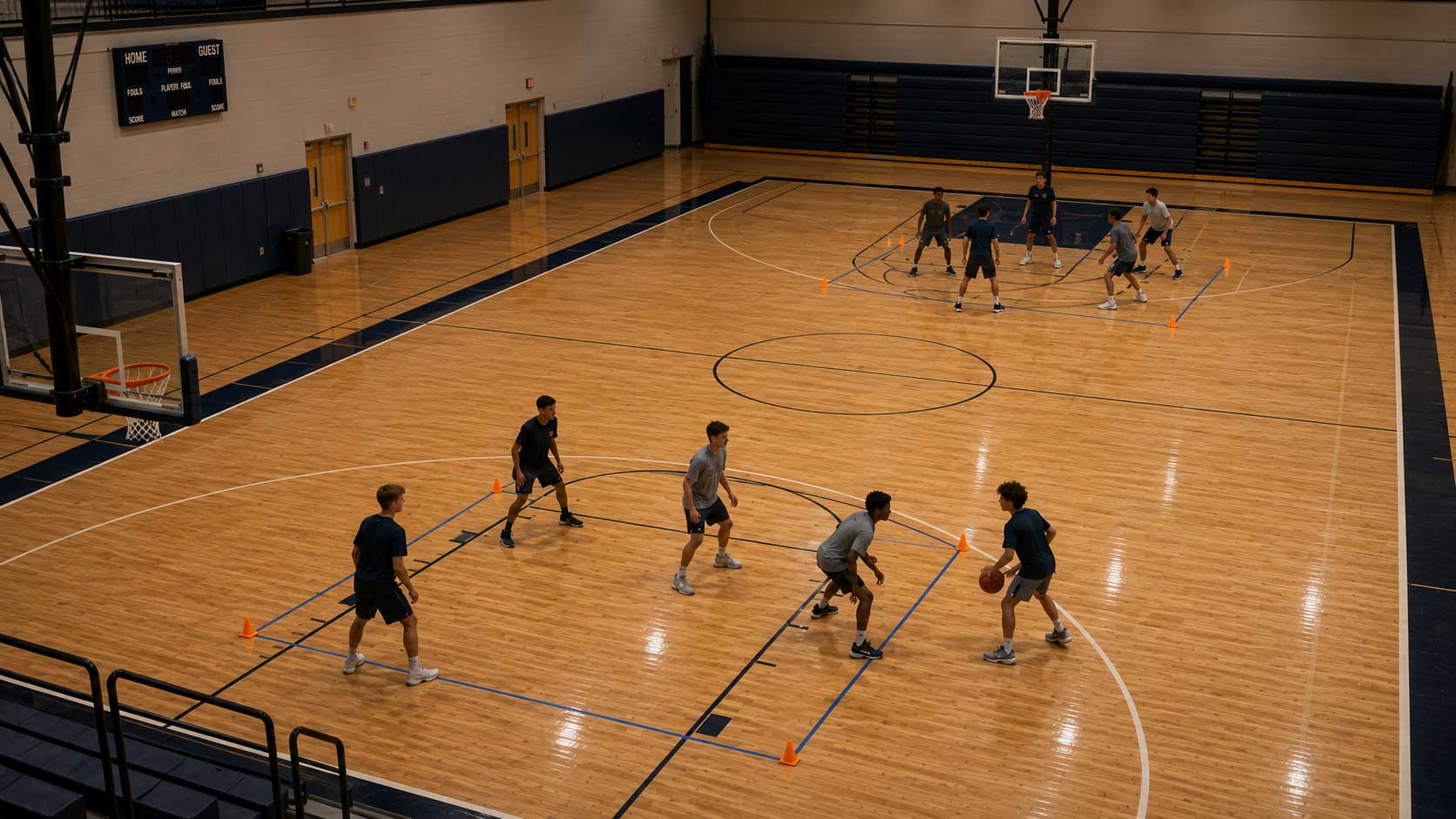 Players working through a constrained small-sided basketball game in a marked-off section of an indoor practice court.