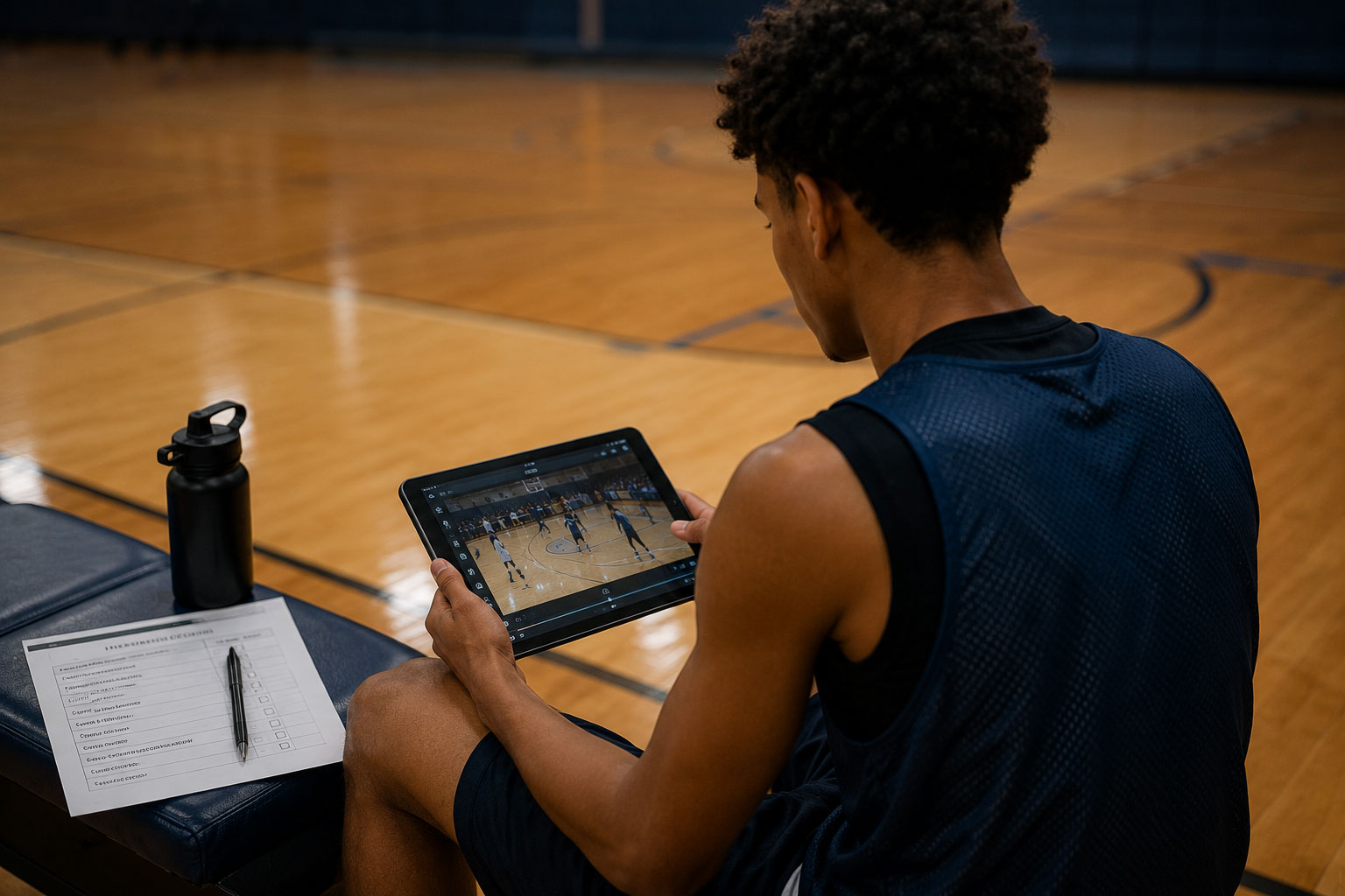 A player reviewing game film on a tablet courtside with a printed checklist beside them