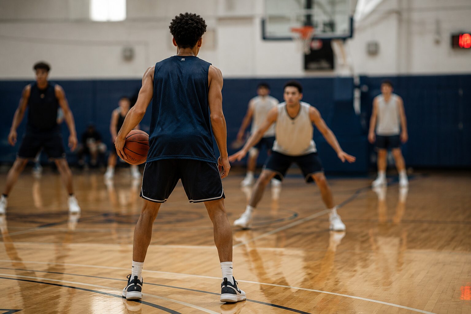 A basketball player seen from behind holding the ball at the top of the key, scanning a set defense