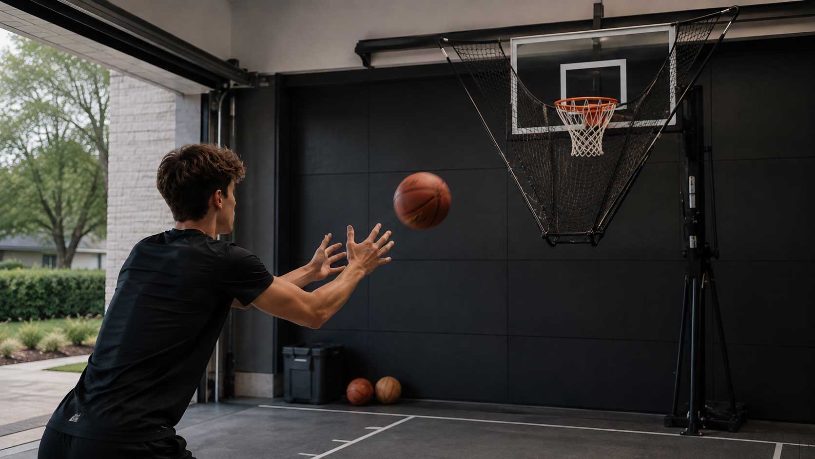 A player catches a return pass from a basketball rebounder during individual shooting practice.