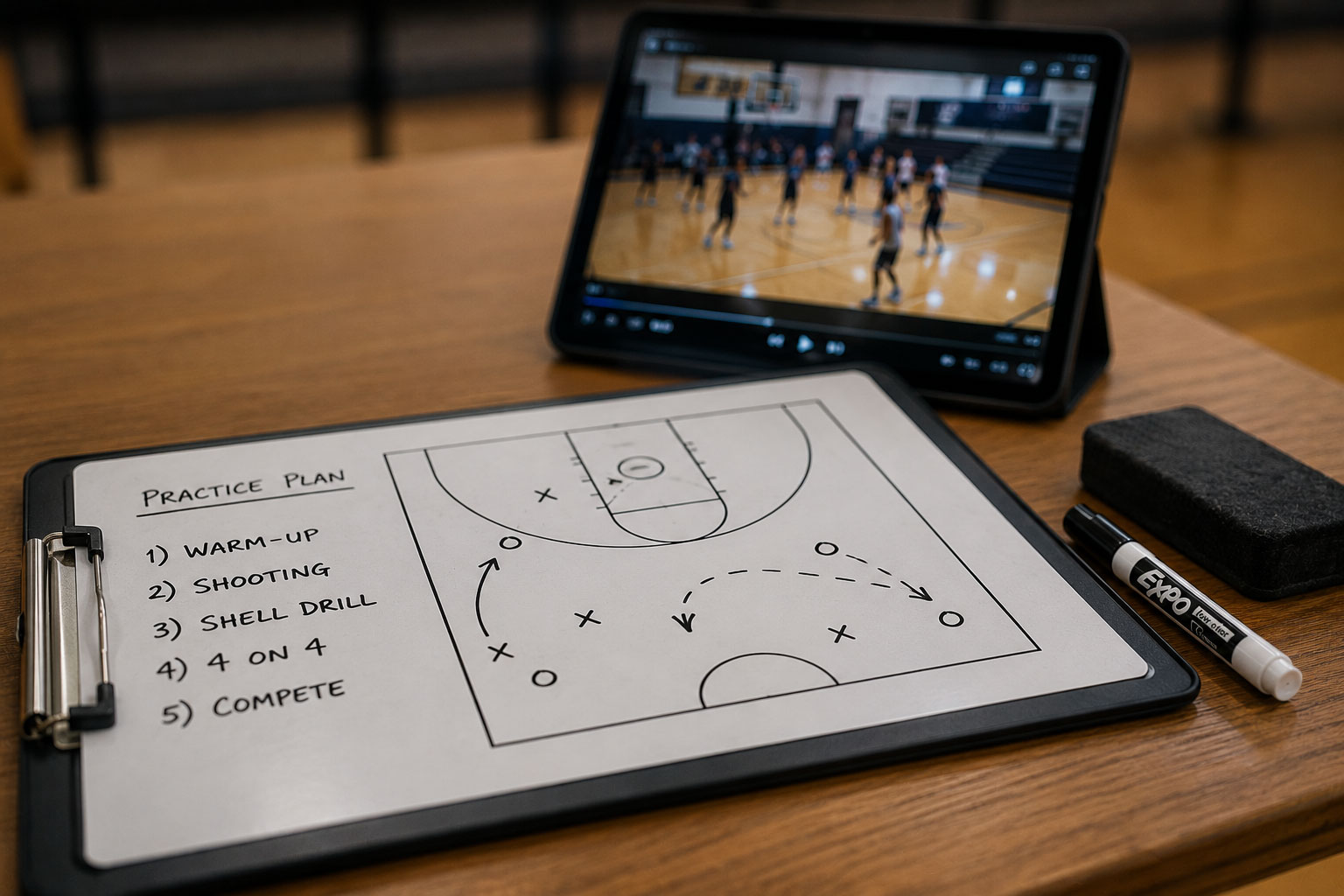 A coach's whiteboard practice plan on a bench with a tablet playing paused game film in the background