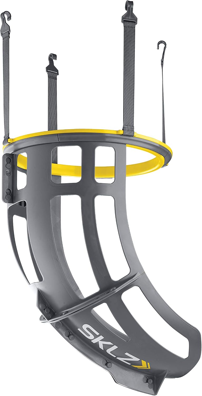 SKLZ Kick-Out Basketball Return Attachment clipped to a rim, showing its rotating chute.