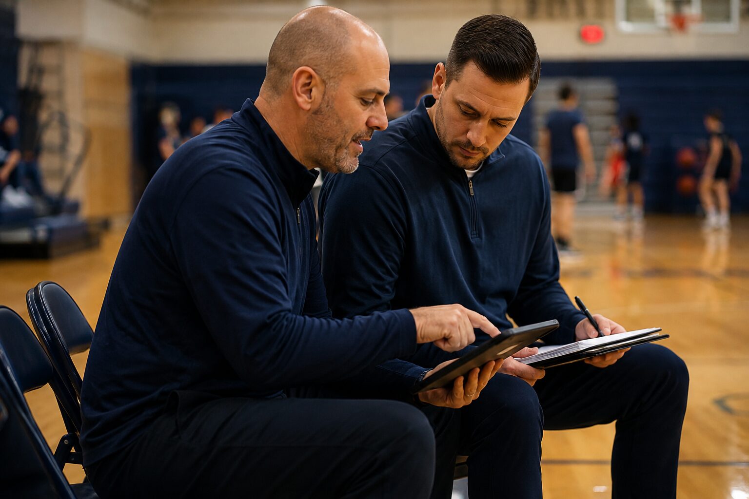 Two basketball coaches reviewing film together on a tablet courtside while one takes notes on a clipboard